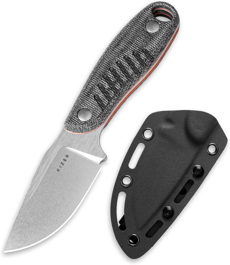 KIZER Hare Fixed Blade Knife with Sheath, 3.14" Nitro V Blade EDC Hunting Knife with Black Micarta and Orange G10 Handle, Small Bushcraft Neck Knives, Camping Knives for Men Women, 1077A2 - Image 1